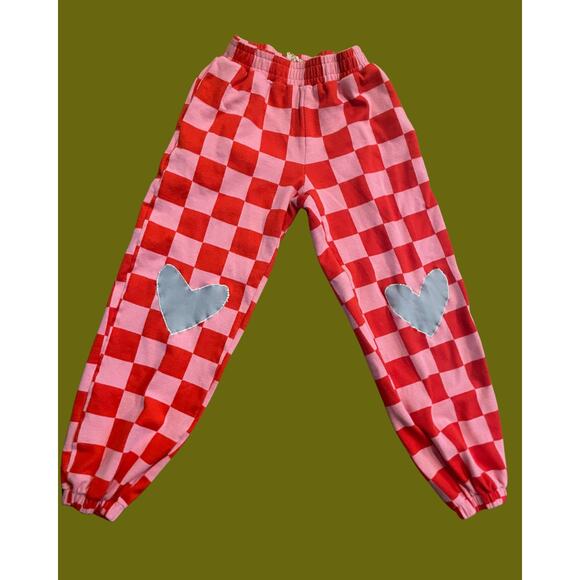 amerpersand avenue Pants - XS Upycycled Checkered Pink and Red Patterned Sweatpants